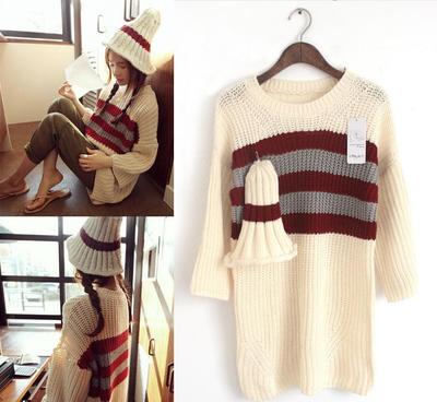 2014秋冬新款韩版东大门代购条纹甜美针织衫 条纹圣诞帽子