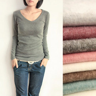 大额批发女秋新款v领羊毛绒磨毛短款打底衫纯棉针织衫t恤韩版