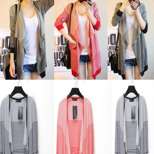 2013春季新款中长款宽松条纹不规则长袖女针织衫开衫